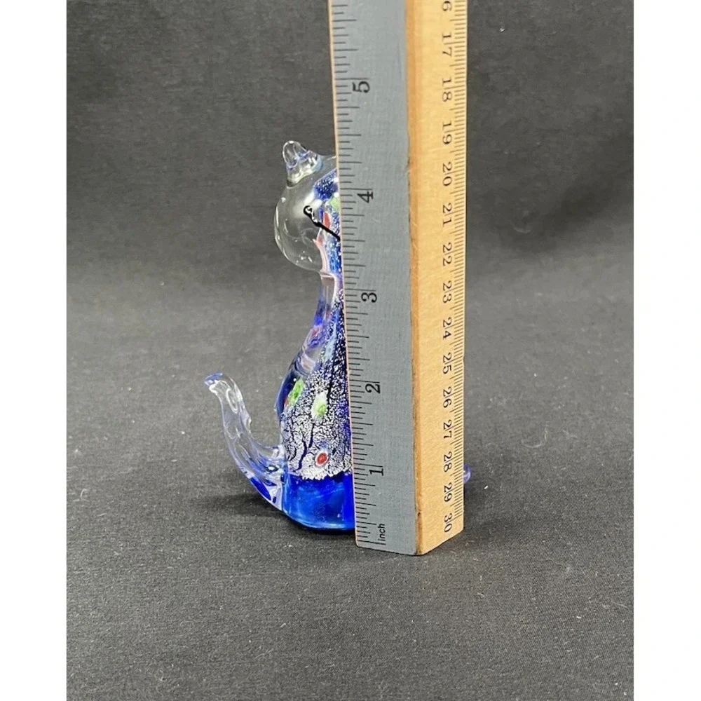 MURANO GLASS CAT FIGURINE OR PAPERWEIGHT Silver Argento Blue Millefiori 4.5